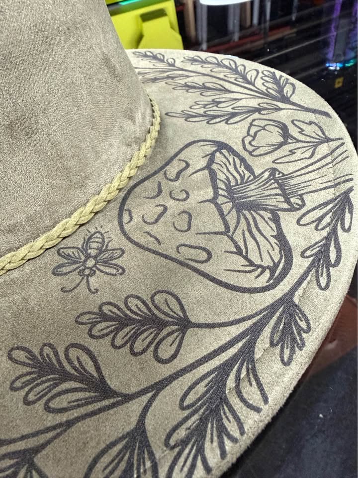 Bee & Mushroom Engraved olive Wide Brim Hat | Botanical Western Boho Hat | Women’s Vegan Suede Hat