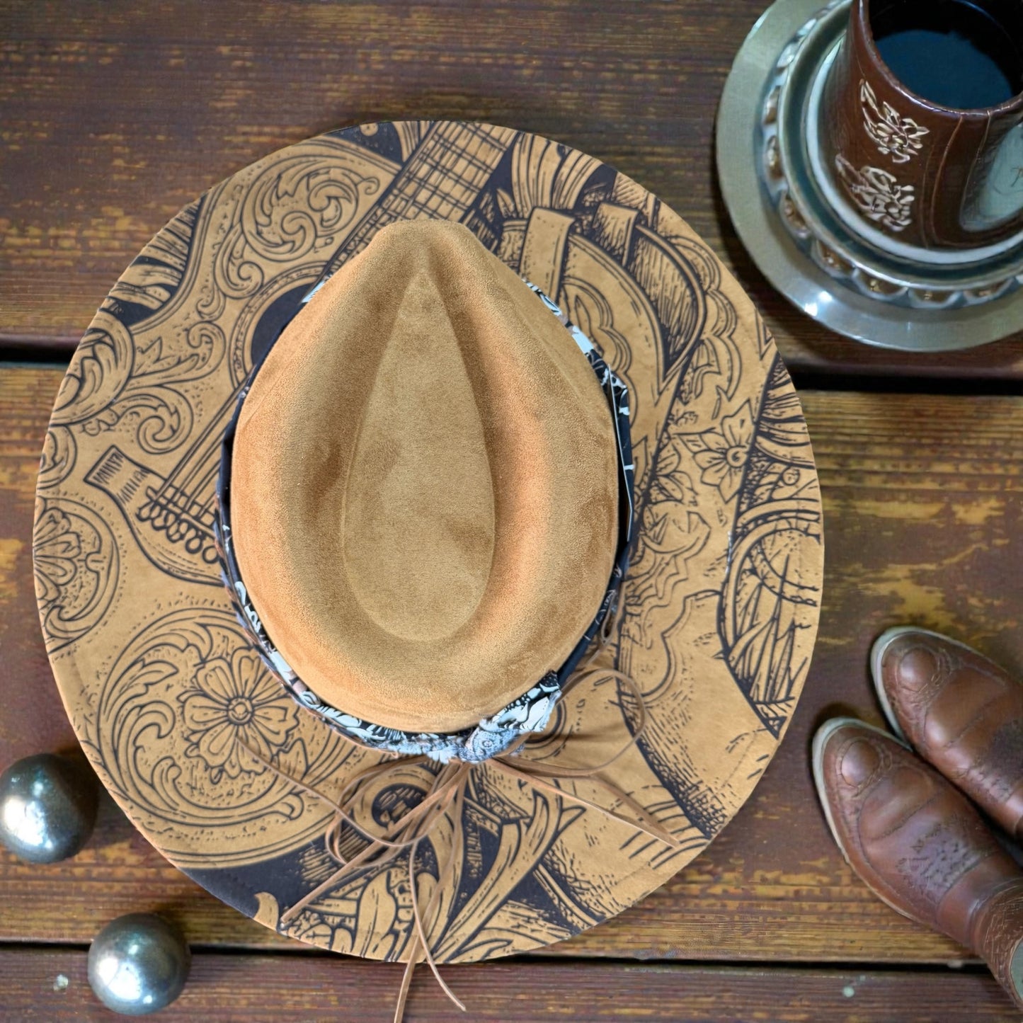Custom Laser Engraved Guitar & Cowboy Western Hat Wide Brim with custom Playing Card Band