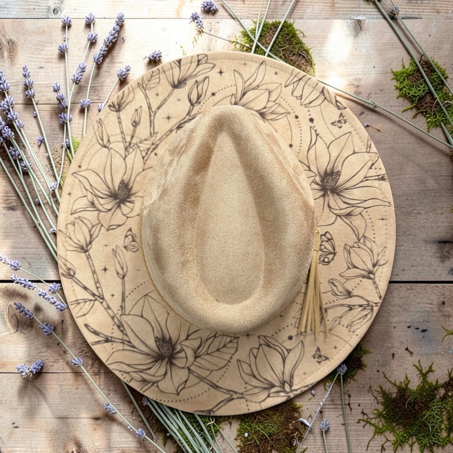 Custom Engraved Wildflower Wide Brim Hat | Boho Floral Vegan Suede Fedora |