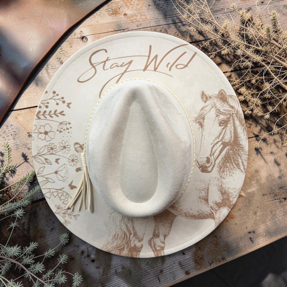 Stay Wild Engraved Vegan Suede Wide Brim Hat | Boho Western Hat