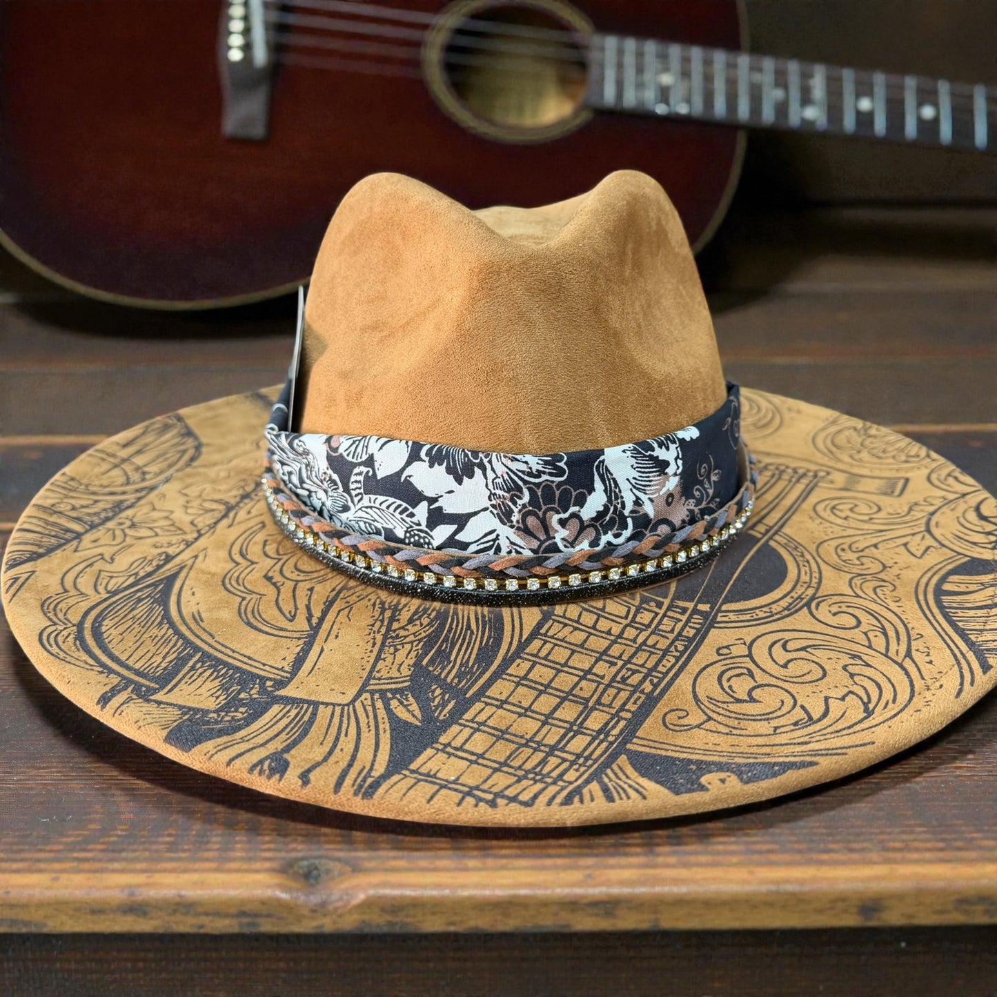 Custom Laser Engraved Guitar & Cowboy Western Hat Wide Brim with custom Playing Card Band