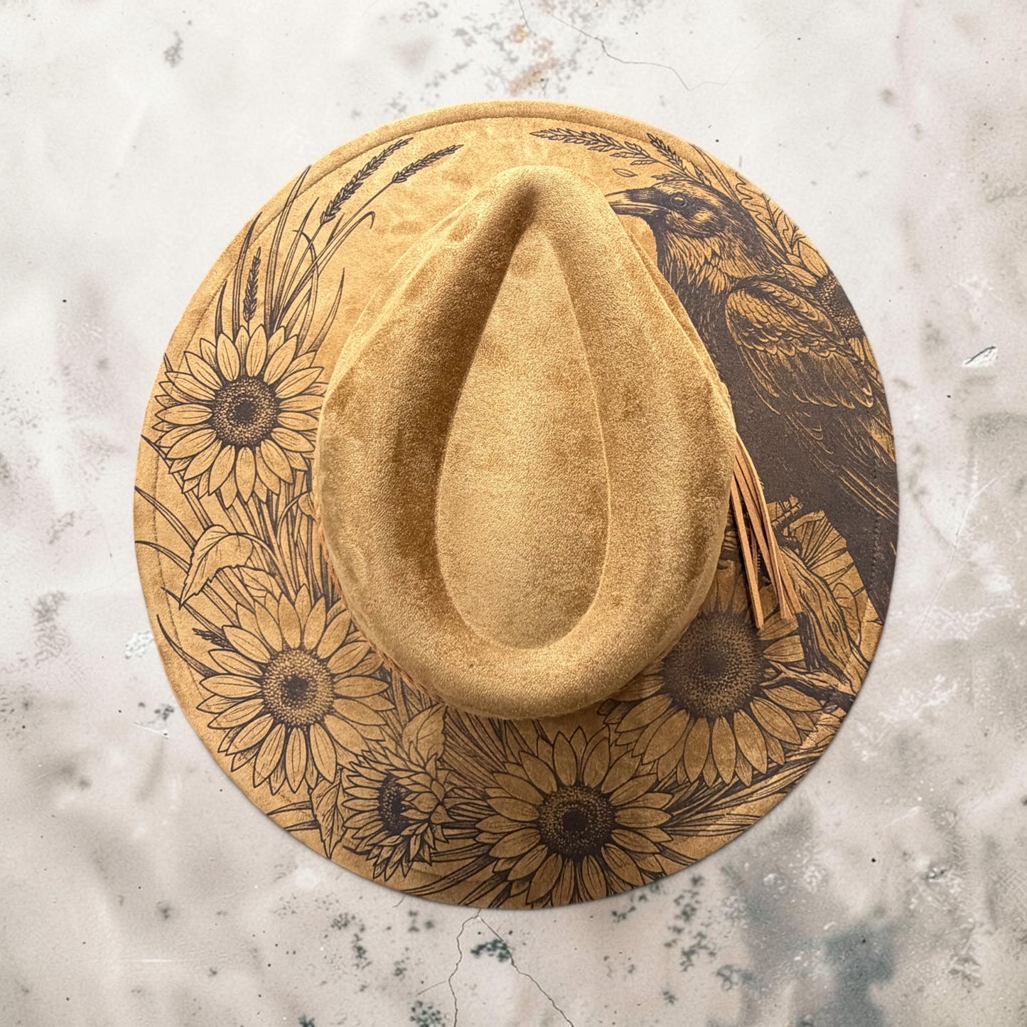 Custom Engraved Raven & Sunflower Wide Brim Hat | Boho Western Vegan Suede Fedora |