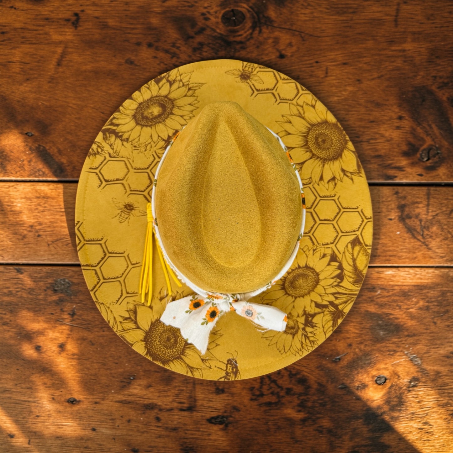 Sunflower & Honey Engraved Wide Brim Hat | Western Boho Floral Vegan Suede Hat | Custom Burned Rancher Hat for Women
