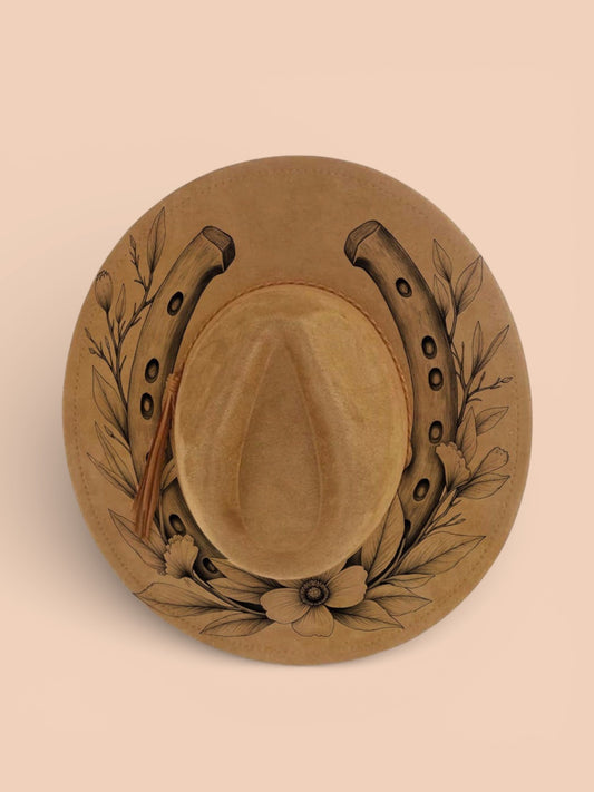 Boho Lucky Horseshoe Floral Engraved Western Hat – Custom Vegan Suede Hat