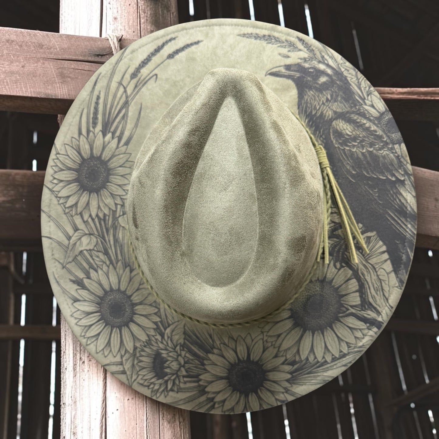 Custom Engraved Raven & Sunflower Wide Brim Hat | Boho Western Vegan Suede Fedora |