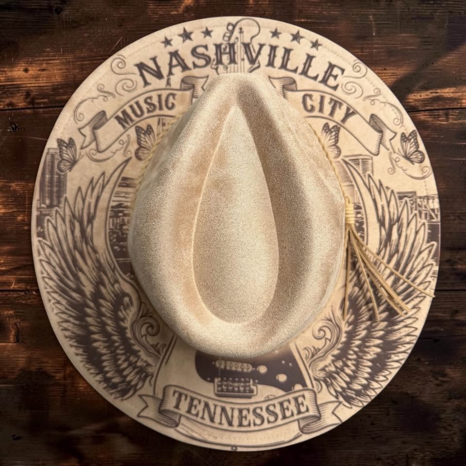 Nashville Music City Engraved Wide Brim Hat | Tennessee Country Music Western Hat