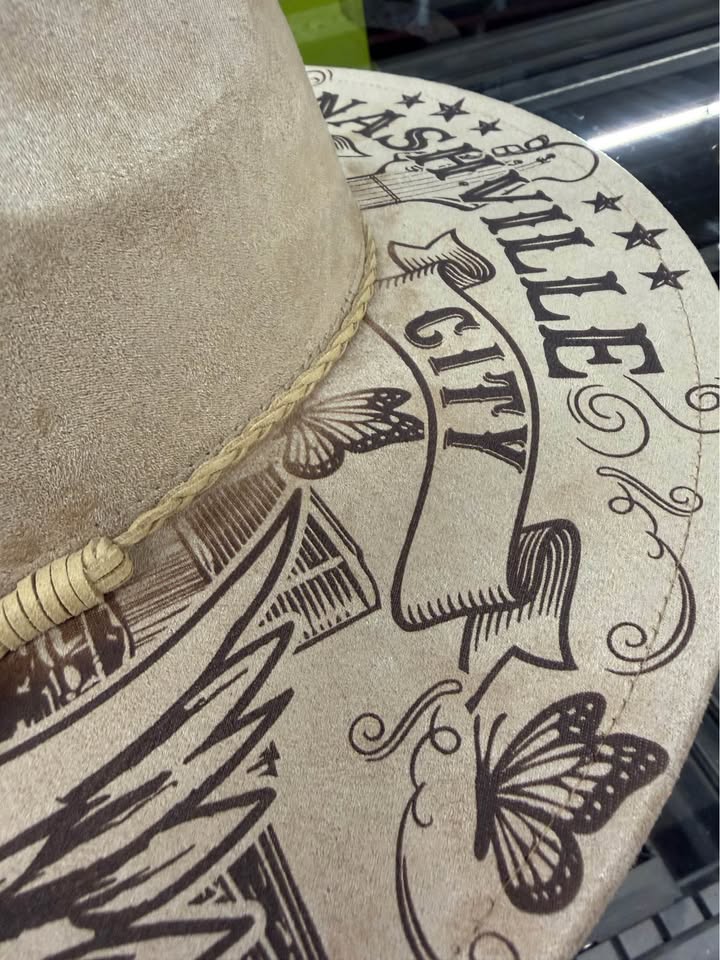 Nashville Music City Engraved Wide Brim Hat | Tennessee Country Music Western Hat