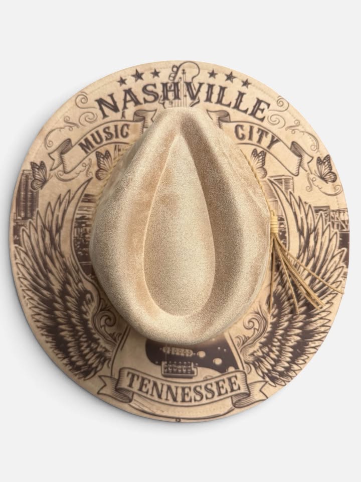 Nashville Music City Engraved Wide Brim Hat | Tennessee Country Music Western Hat