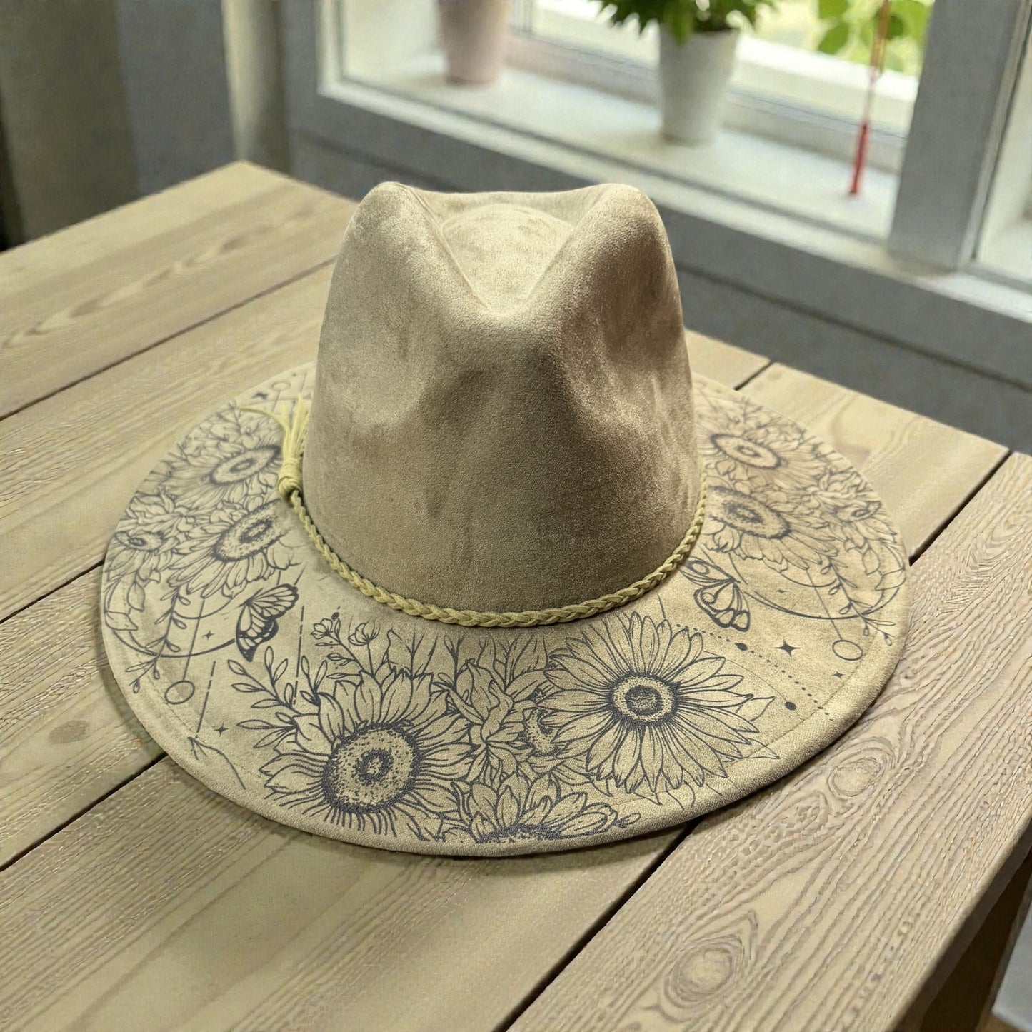 Sunflower Floral Laser Engraved Western Hat – Boho Vegan Suede Wide Brim Hat