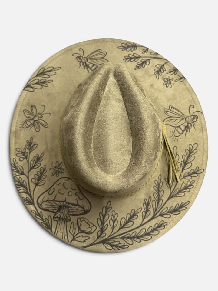 Bee & Mushroom Engraved olive Wide Brim Hat | Botanical Western Boho Hat | Women’s Vegan Suede Hat