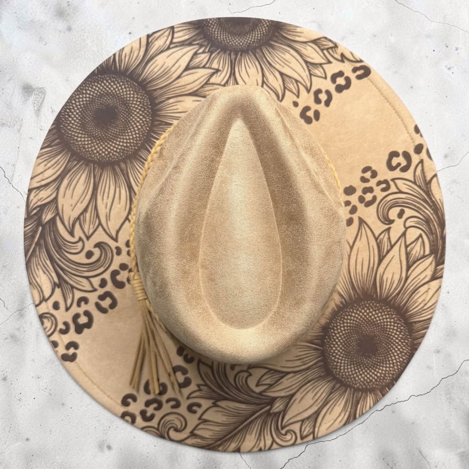 Sunflower & Leopard Engraved Wide Brim Hat | Western Boho Hat