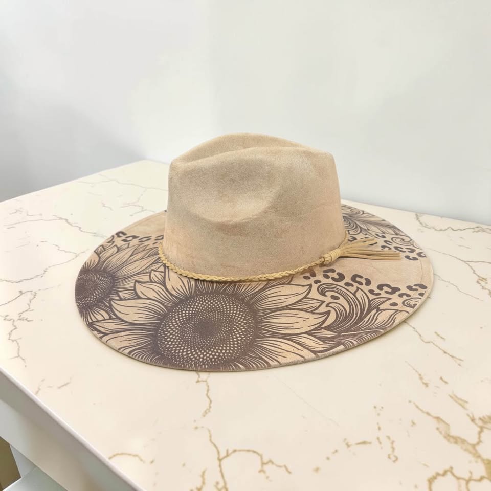 Sunflower & Leopard Engraved Wide Brim Hat | Western Boho Hat