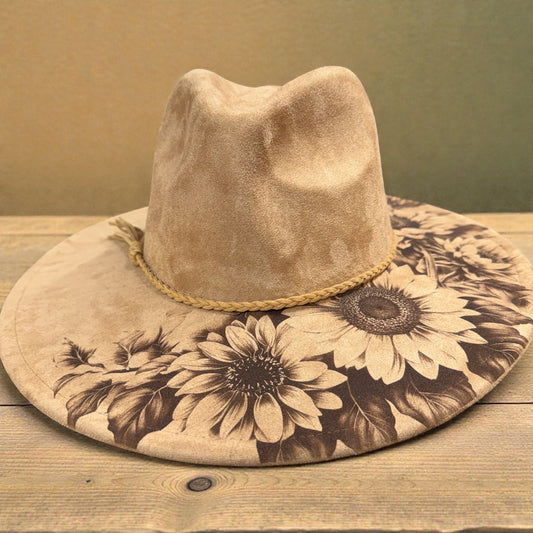 Sunflower Engraved Vegan Suede Wide Brim Hat – Laser Engraved Boho Western Style