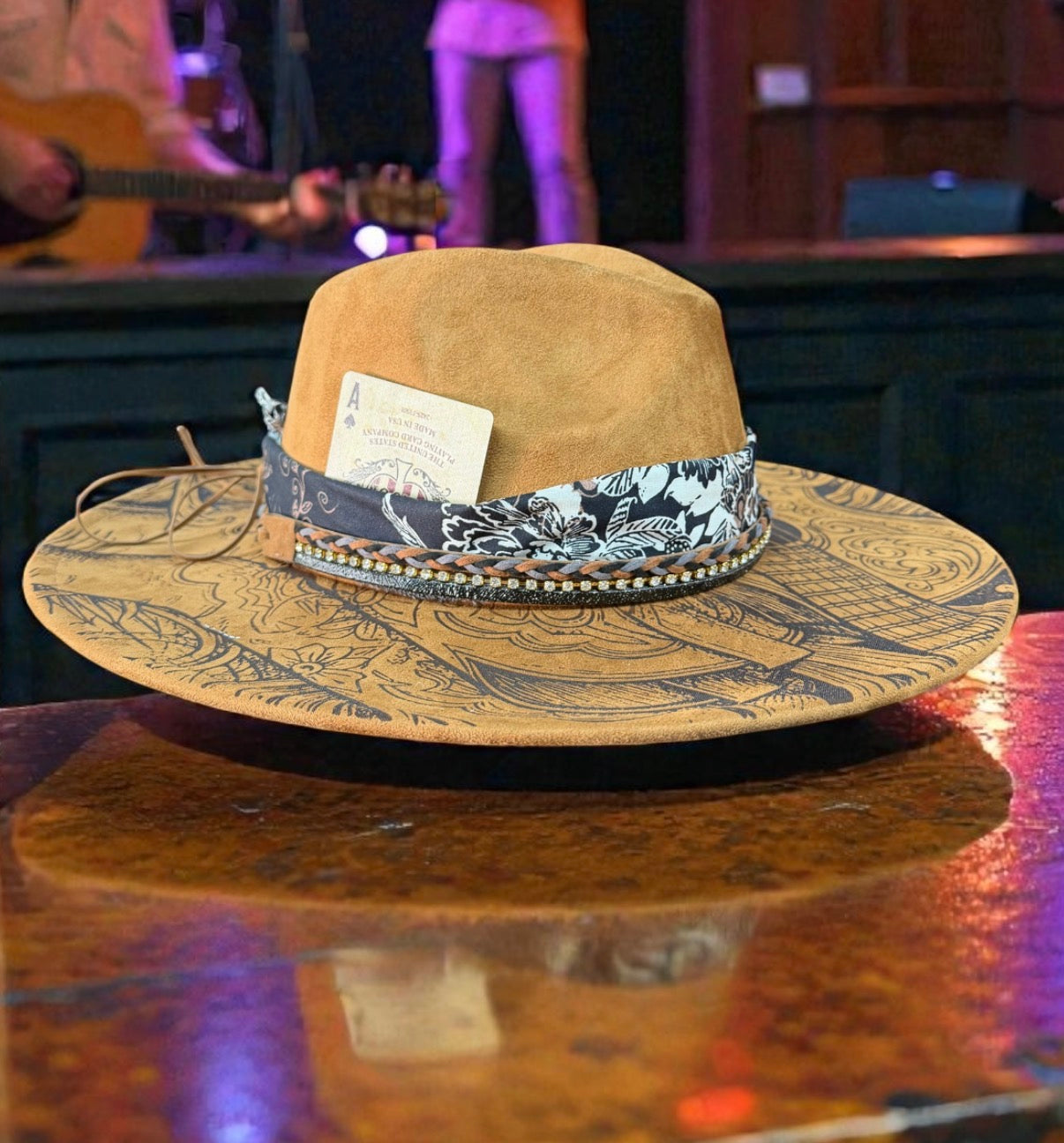Custom Laser Engraved Guitar & Cowboy Western Hat Wide Brim with custom Playing Card Band