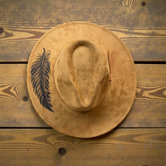 Feather Engraved Vegan Suede Wide Brim Hat | Custom Boho Western Hat