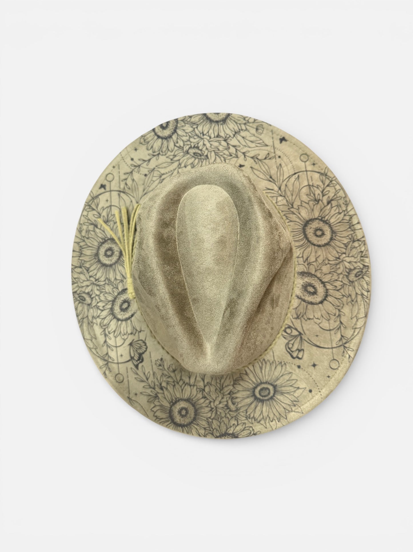 Sunflower Floral Laser Engraved Western Hat – Boho Vegan Suede Wide Brim Hat