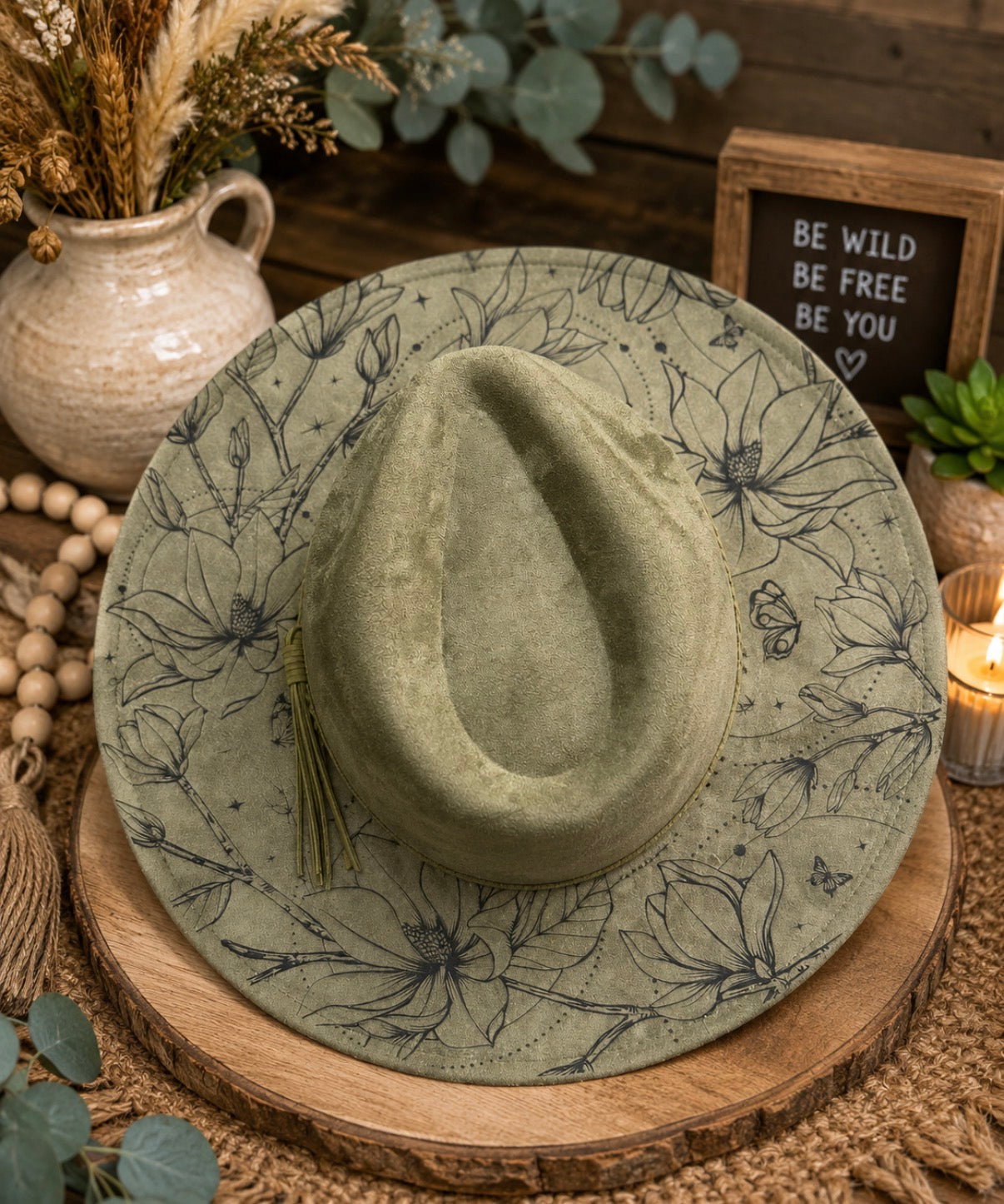 Custom Engraved Wildflower Wide Brim Hat | Boho Floral Vegan Suede Fedora |