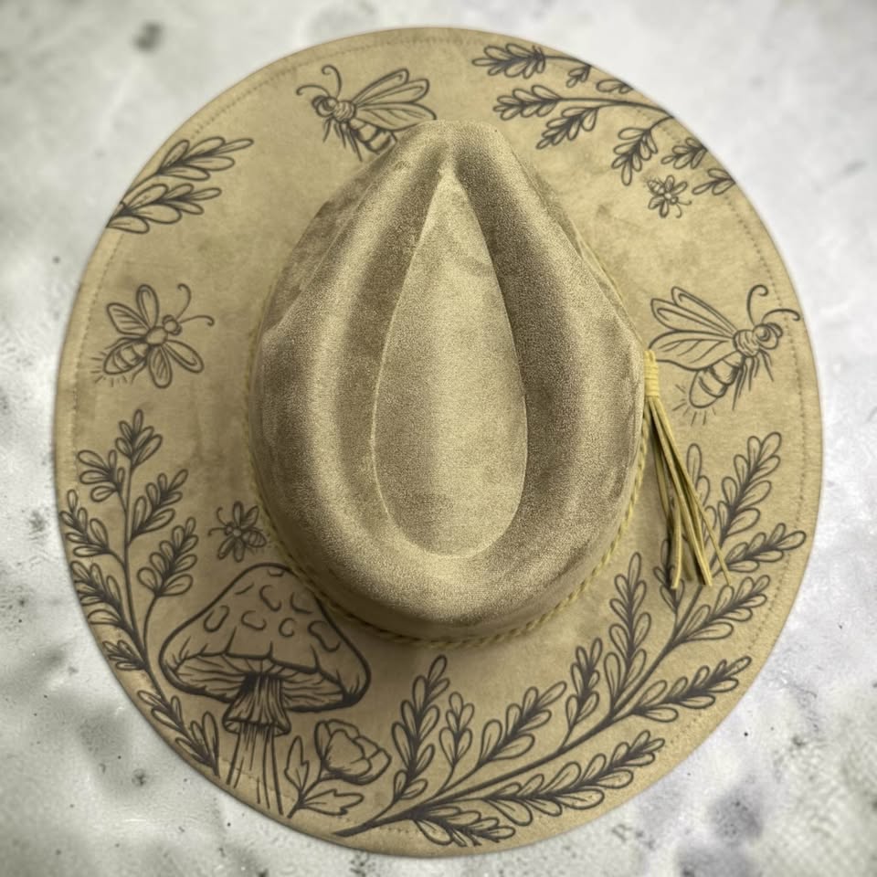 Bee & Mushroom Engraved olive Wide Brim Hat | Botanical Western Boho Hat | Women’s Vegan Suede Hat