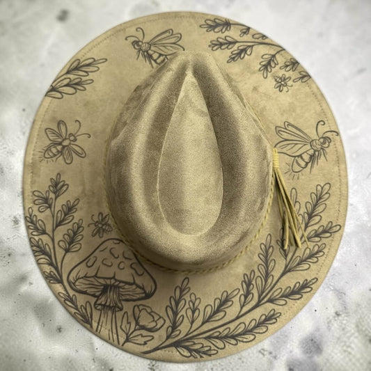 Bee & Mushroom Engraved olive Wide Brim Hat | Botanical Western Boho Hat | Women’s Vegan Suede Hat