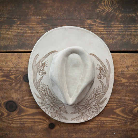 Floral Antler Engraved Vegan Suede Wide Brim Hat | Boho Western Hat