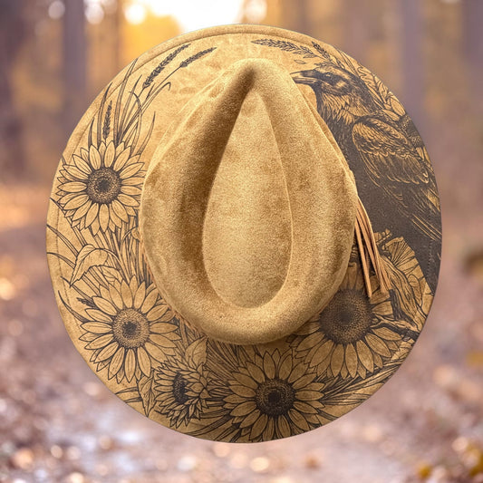 Custom Engraved Raven & Sunflower Wide Brim Hat | Boho Western Vegan Suede Fedora |