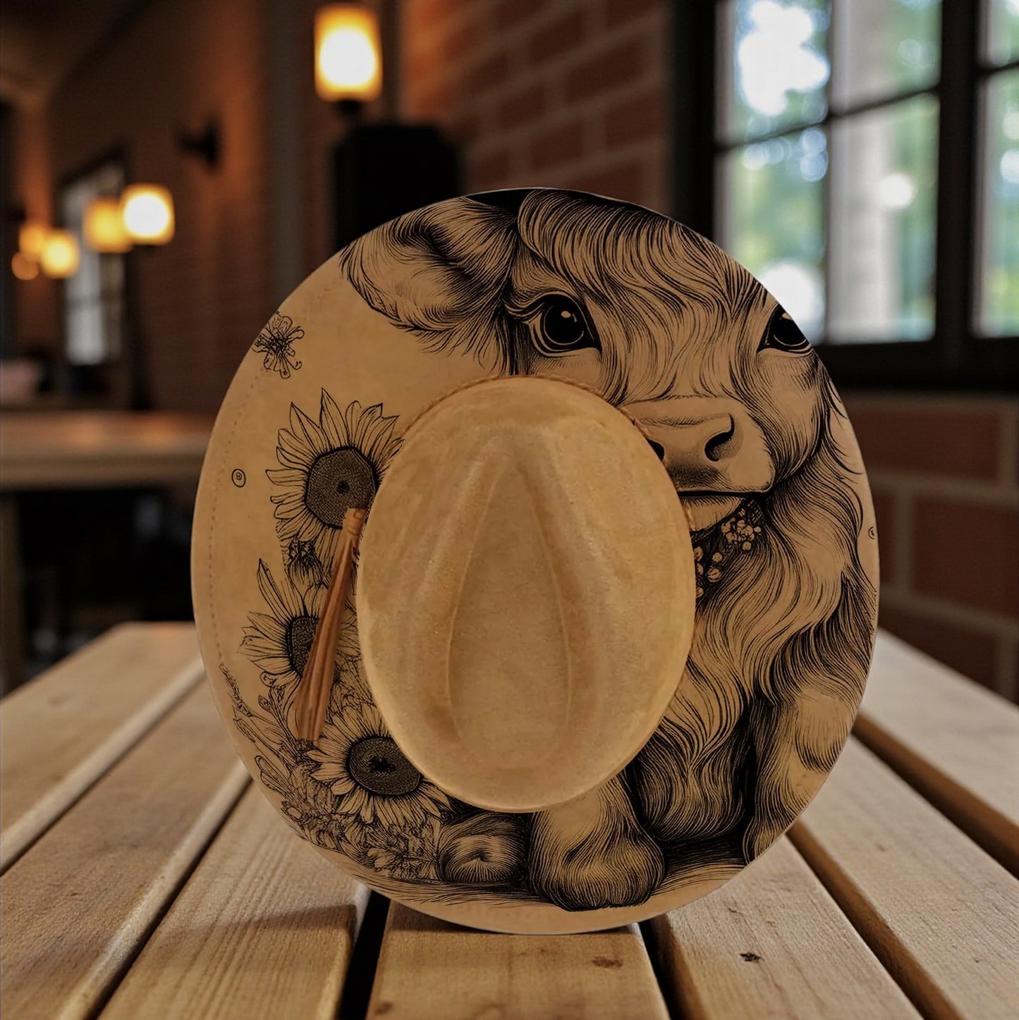 Highland Cow with Sunflowers Engraved Hat – Custom Western Vegan Suede Wide Brim