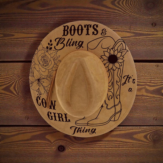 Boots & Bling It’s a Cowgirl Thing Engraved Western Hat – Custom Vegan Suede Hat