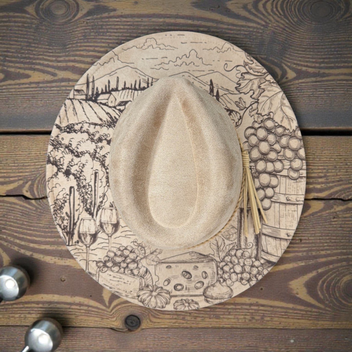 Wine Lover Engraved Hat – Custom Vineyard Themed Vegan Suede Western Hat