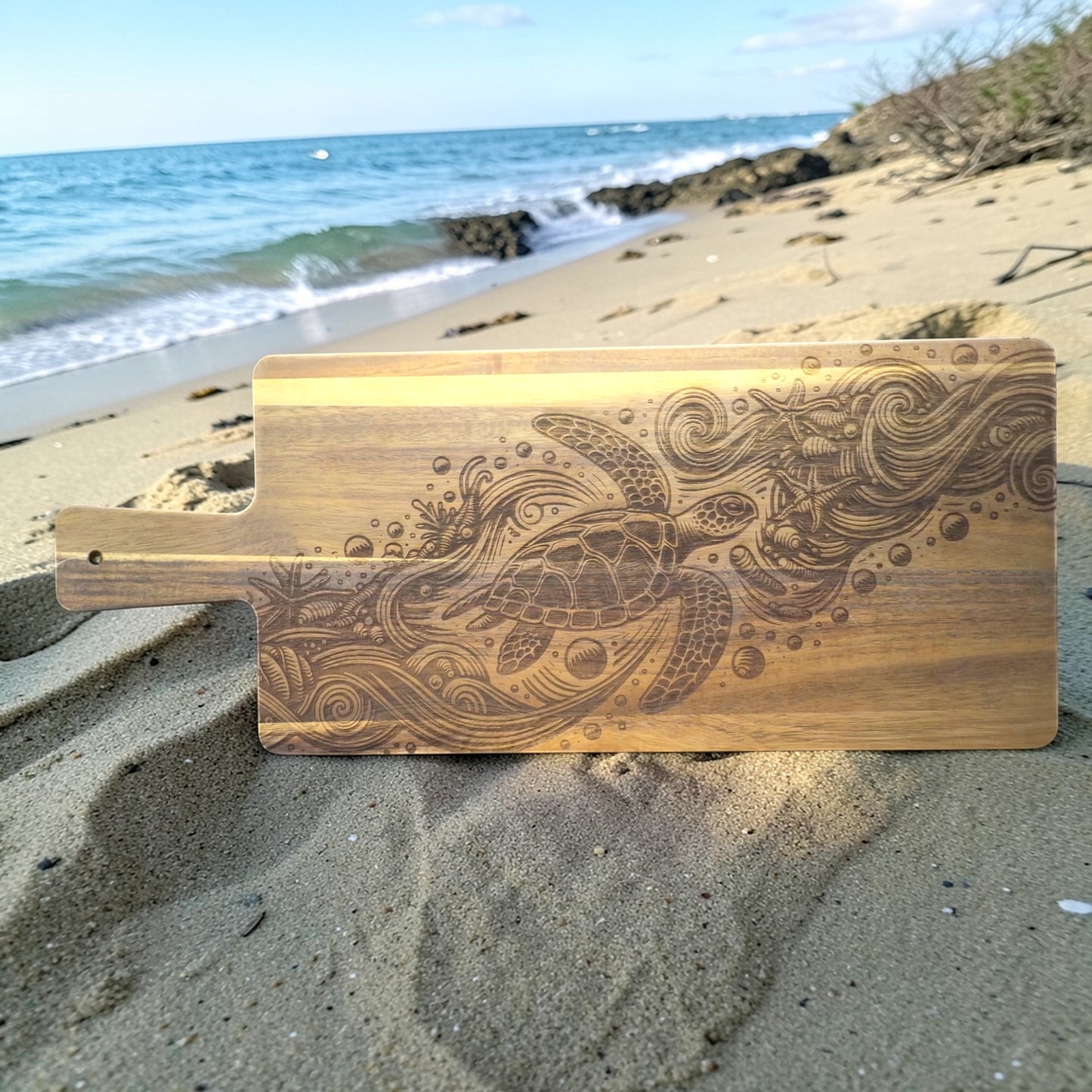 Laser Engraved Cutting Board with Sea Turtle Design – Wooden Charcuterie Board – Coastal Decor Gift