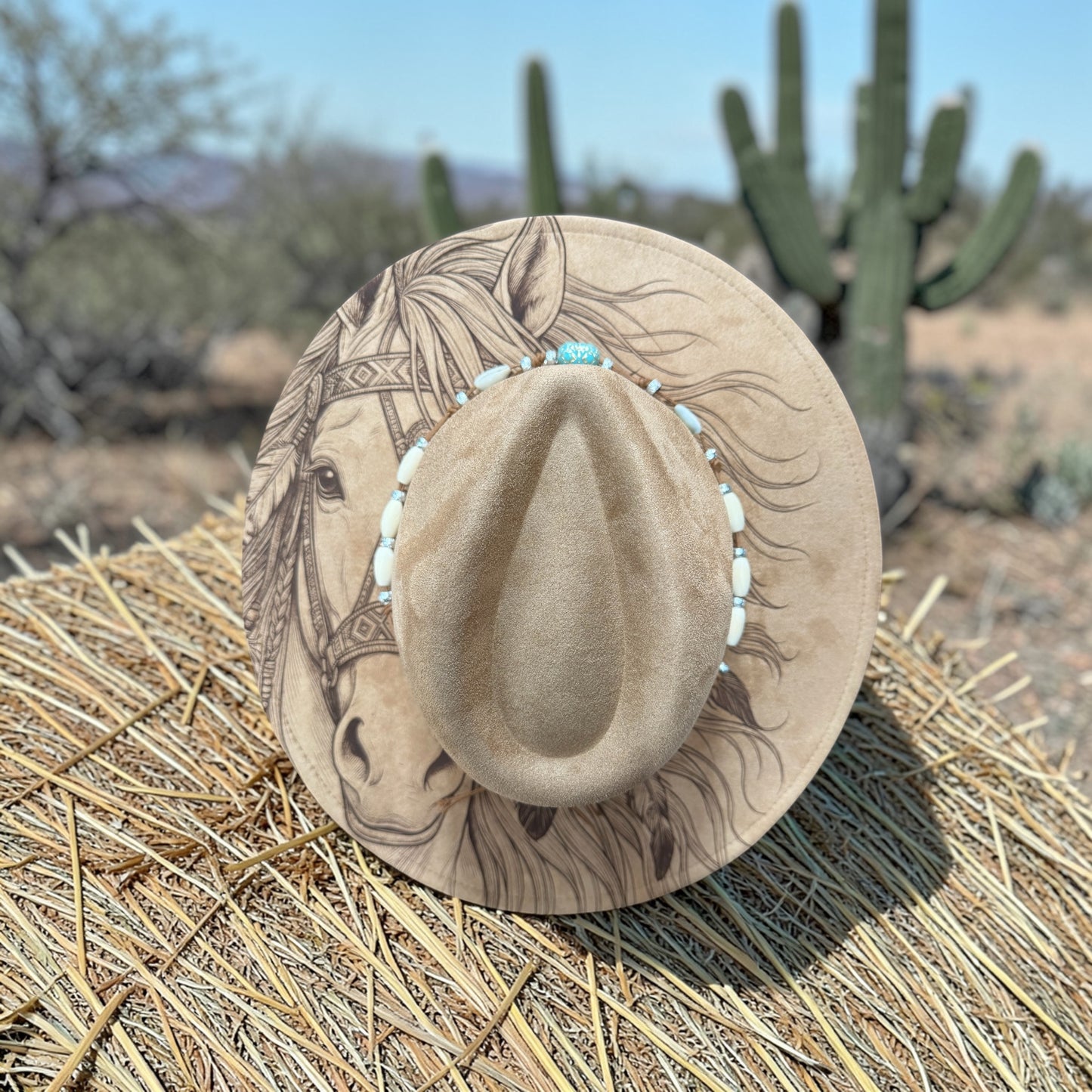 Custom Engraved Western Hat with Native American Horse Design | Wide Brim Cowgirl Hat | Boho Western Style |