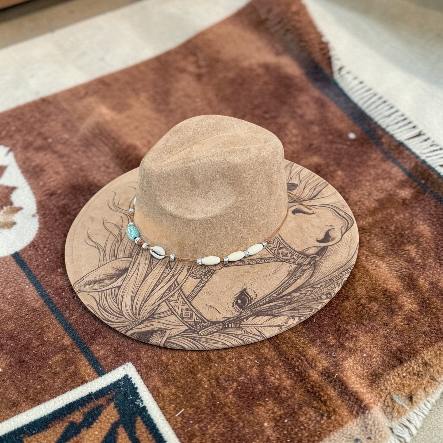 Custom Engraved Western Hat with Native American Horse Design | Wide Brim Cowgirl Hat | Boho Western Style |