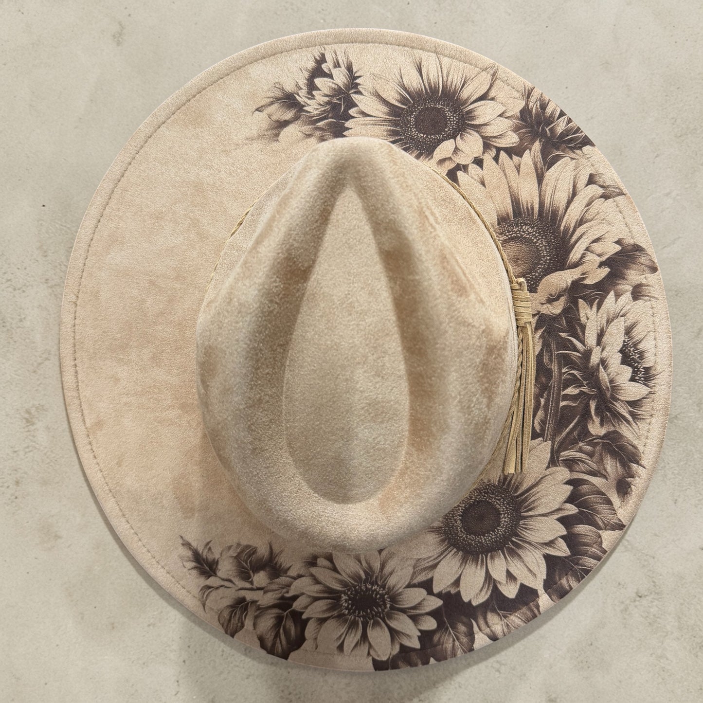 Sunflower Engraved Vegan Suede Wide Brim Hat – Laser Engraved Boho Western Style