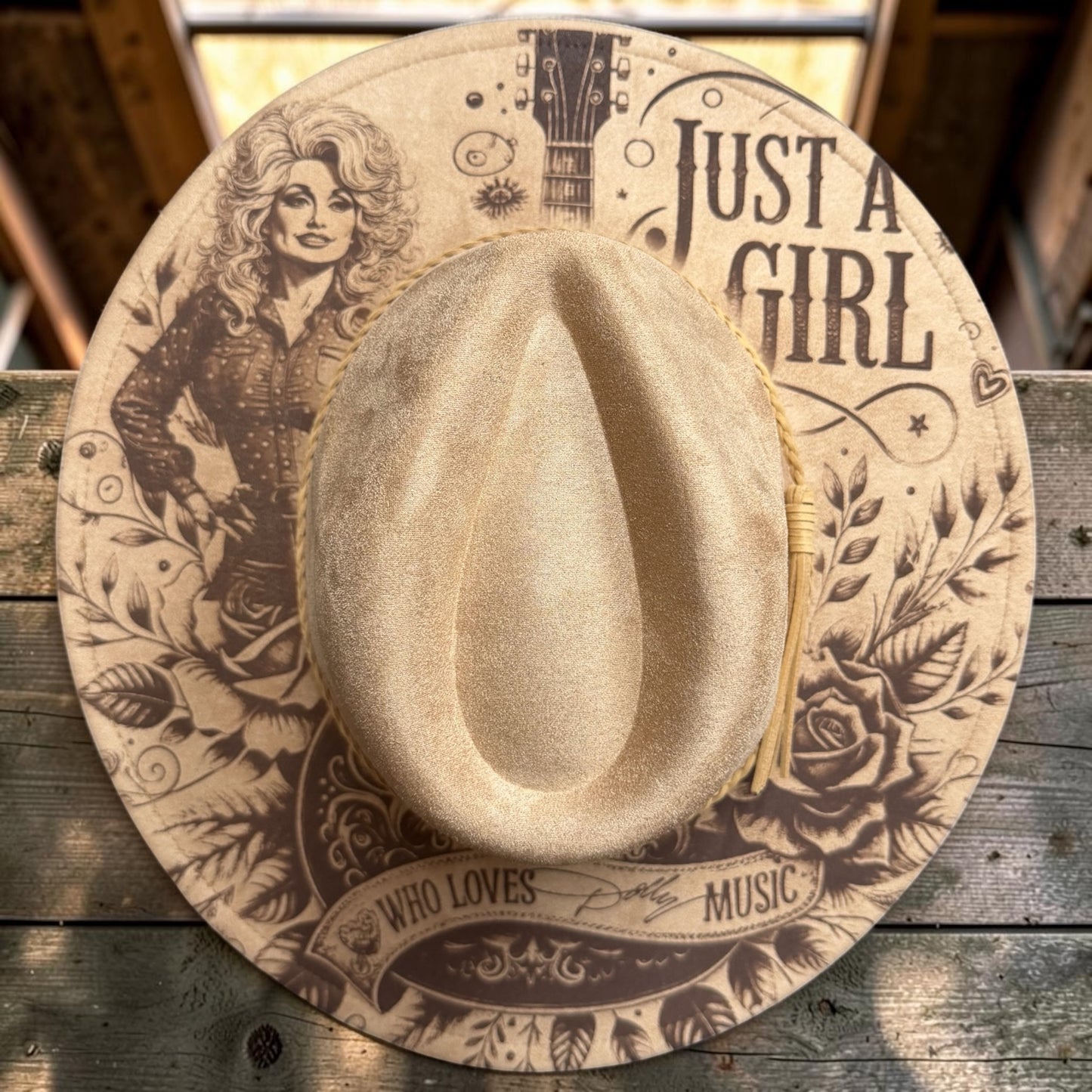 Just a Girl Who Loves Dolly Parton Music Wide Brim Hat | Dolly-Inspired Western Cowgirl Engraved Hat