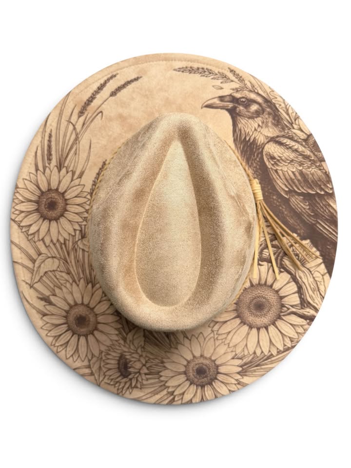 Custom Engraved Raven & Sunflower Wide Brim Hat | Boho Western Vegan Suede Fedora |